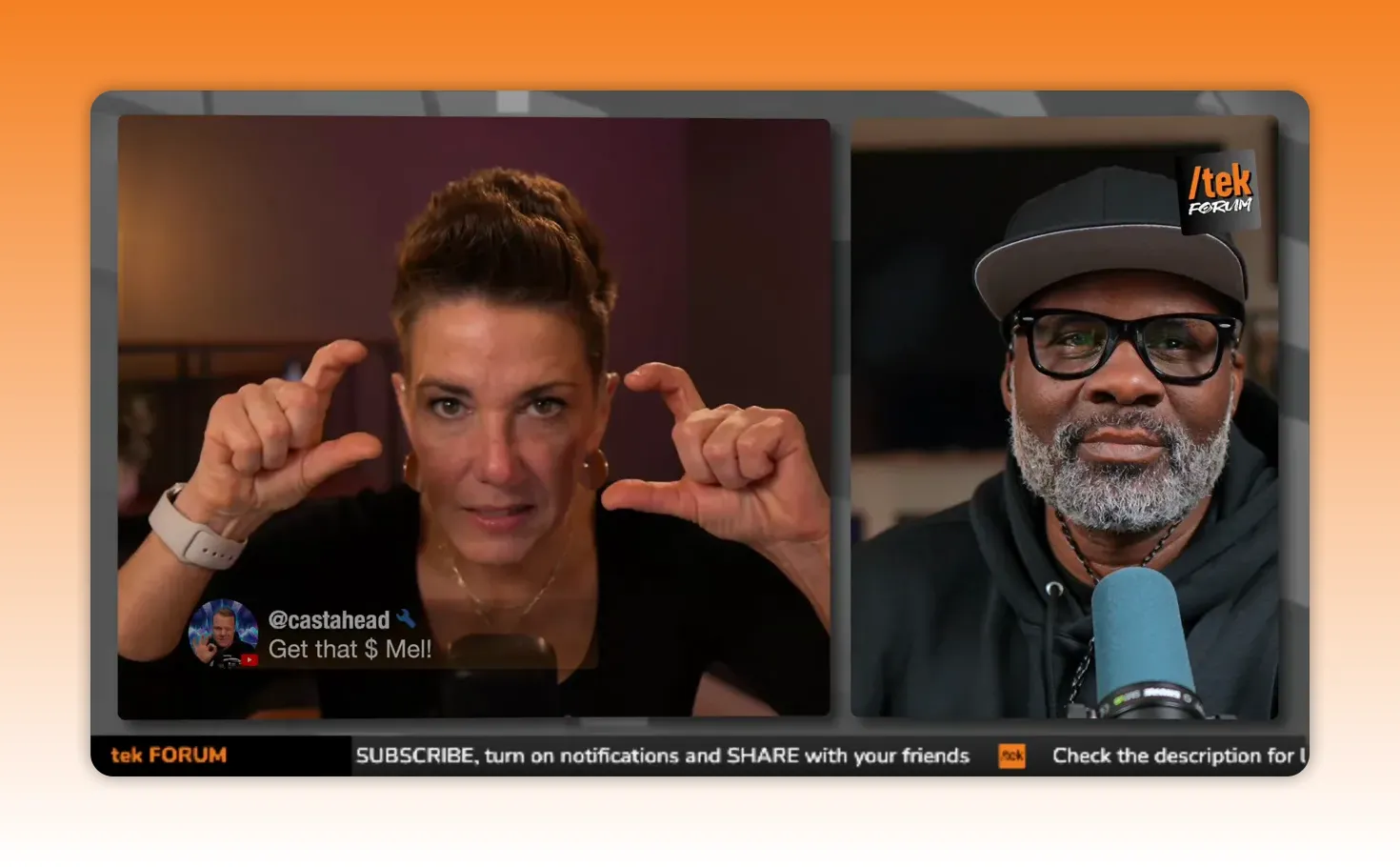 Split-screen livestream with left host using hand gestures to show size and a visible live chat message, right host at microphone.