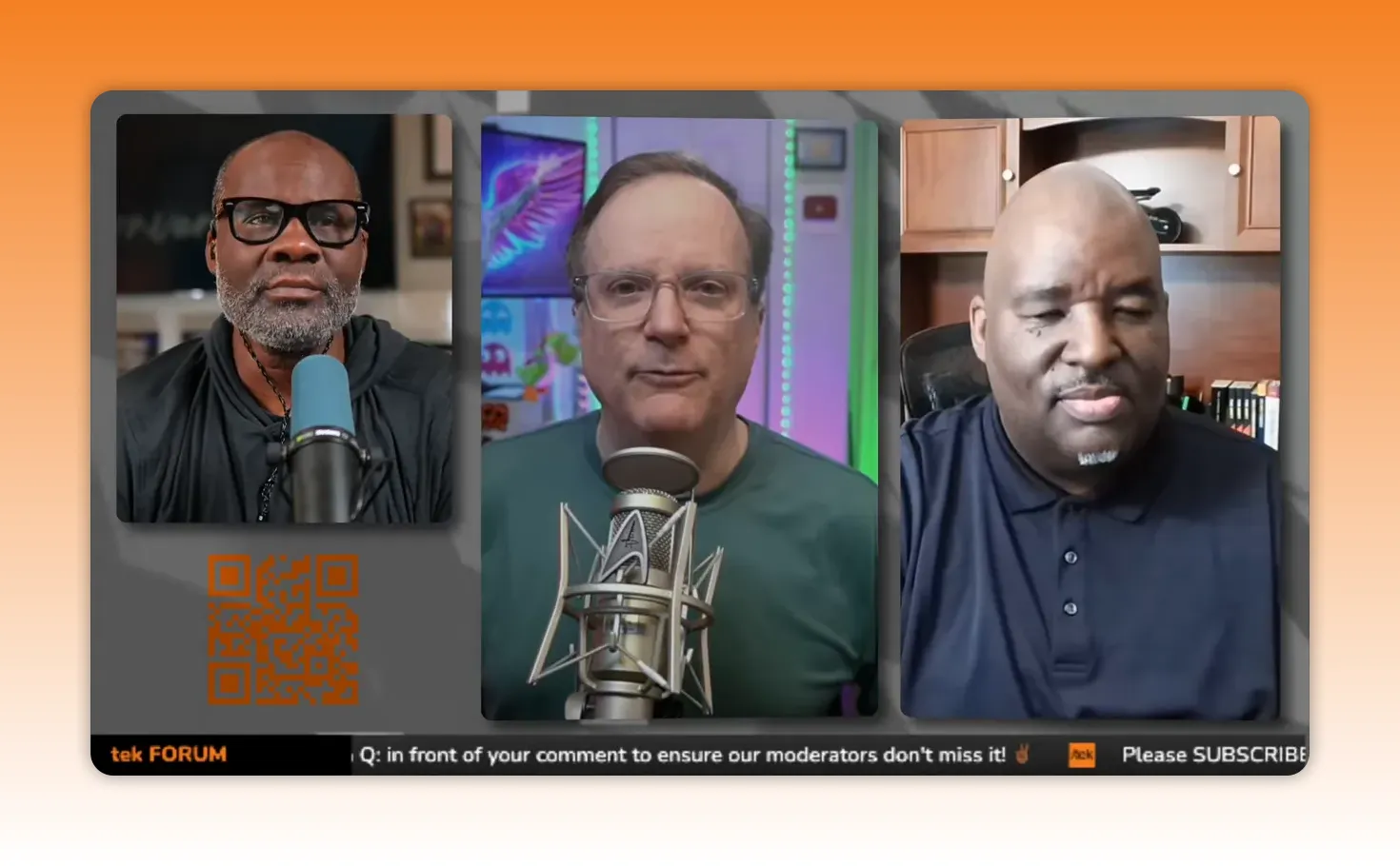 Three well-lit vertical host panels in a live stream interface with a central microphone and a QR code at lower left.