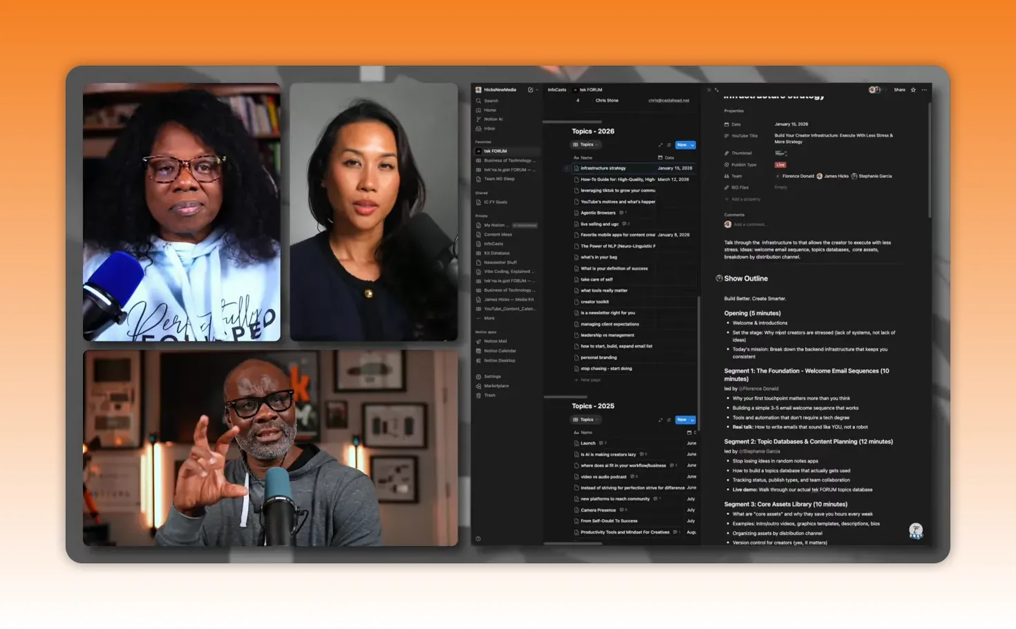 Notion topics database sidebar and list with the show outline to the right, plus host thumbnails on the left