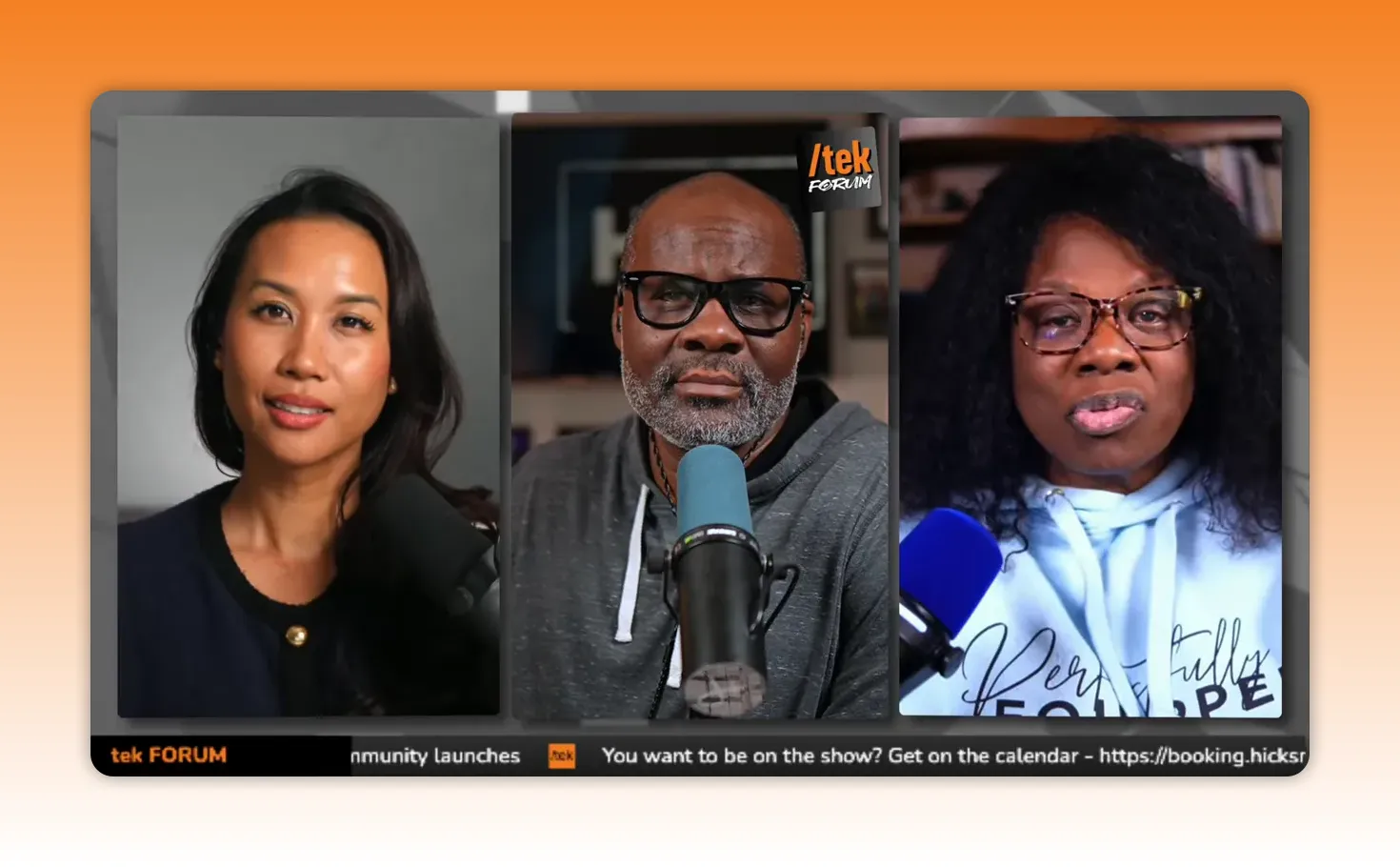 Crisp three-way split-screen panel with center host at a microphone discussing onboarding