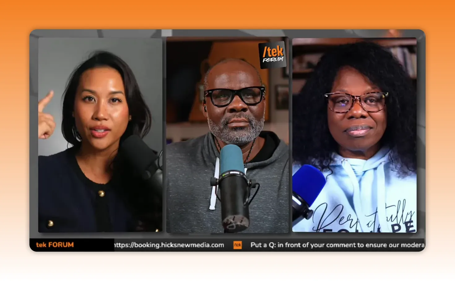 High-clarity split-screen of three hosts with prominent microphones, showing a typical production setup.