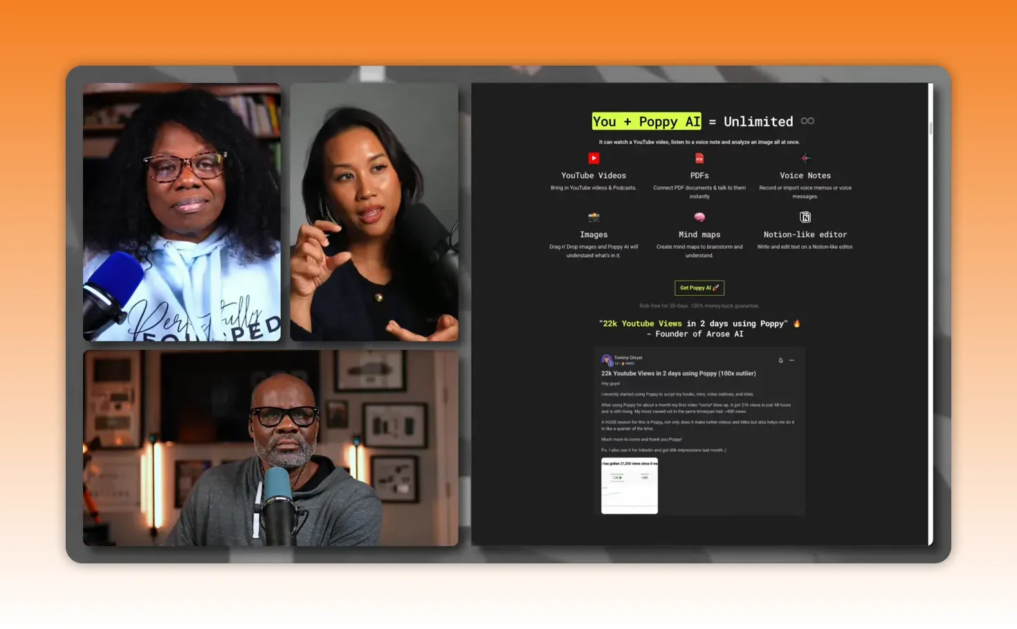 Interview panels on left and Poppy.ai 'You + Poppy AI = Unlimited' features section on right