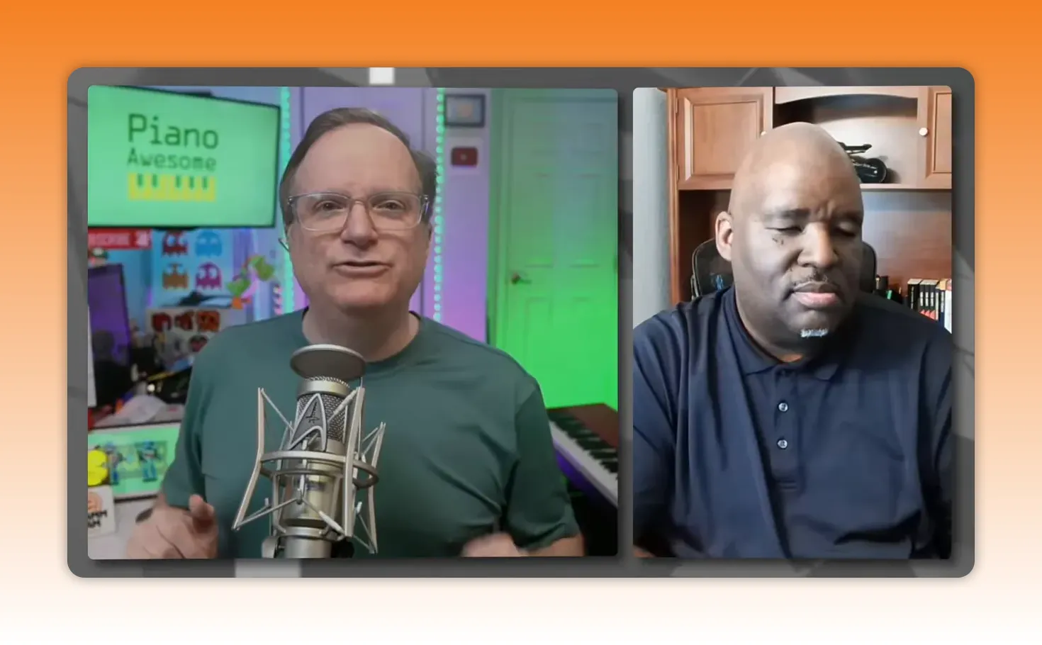 Split-screen live stream with the main host speaking into a studio microphone and co-host visible in a separate panel.