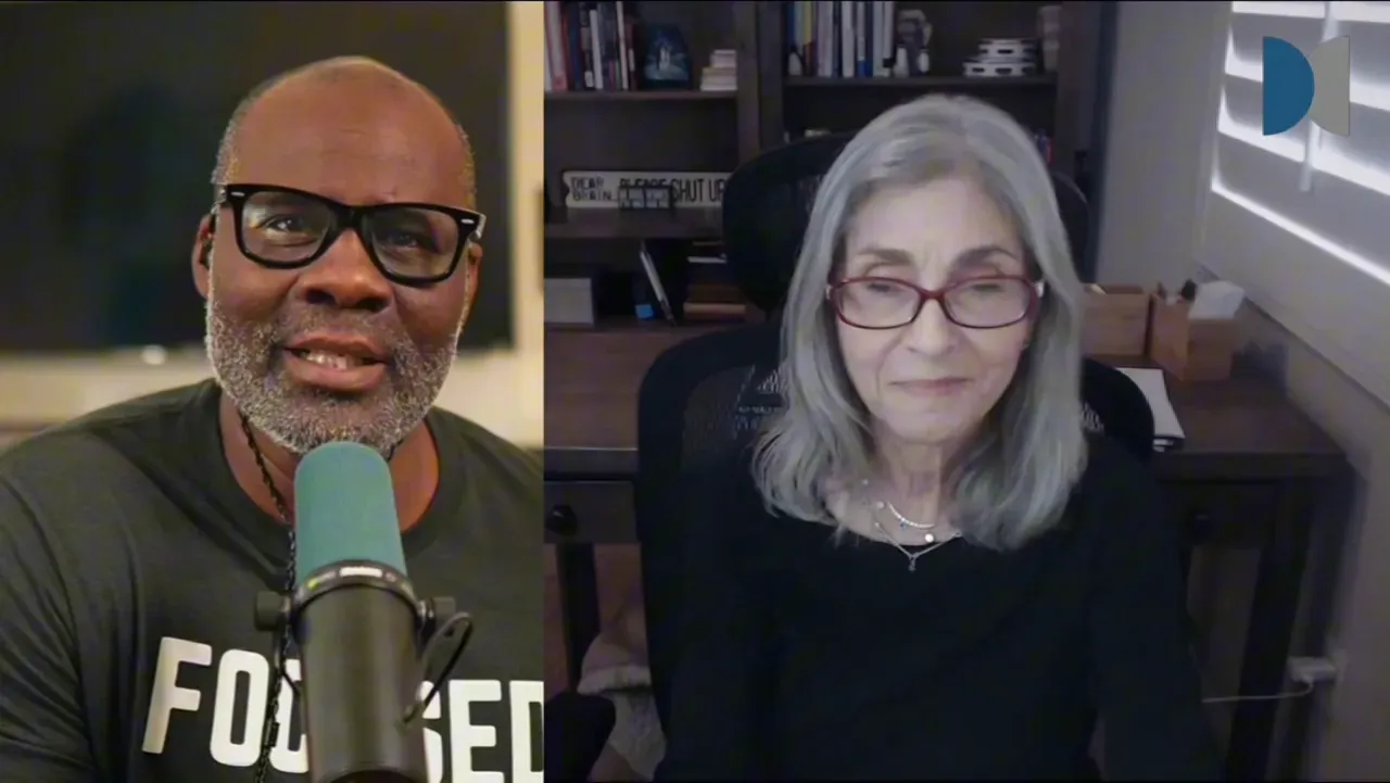 Split-screen view of two hosts smiling during a discussion about return on investment; left host speaking into a microphone, right host listening from a home office