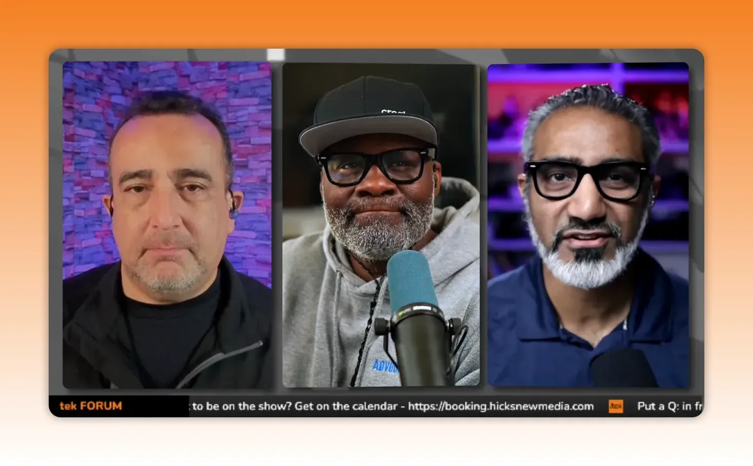 Three-person split-screen podcast panel with the center host smiling into a microphone; all faces clear and well-framed.