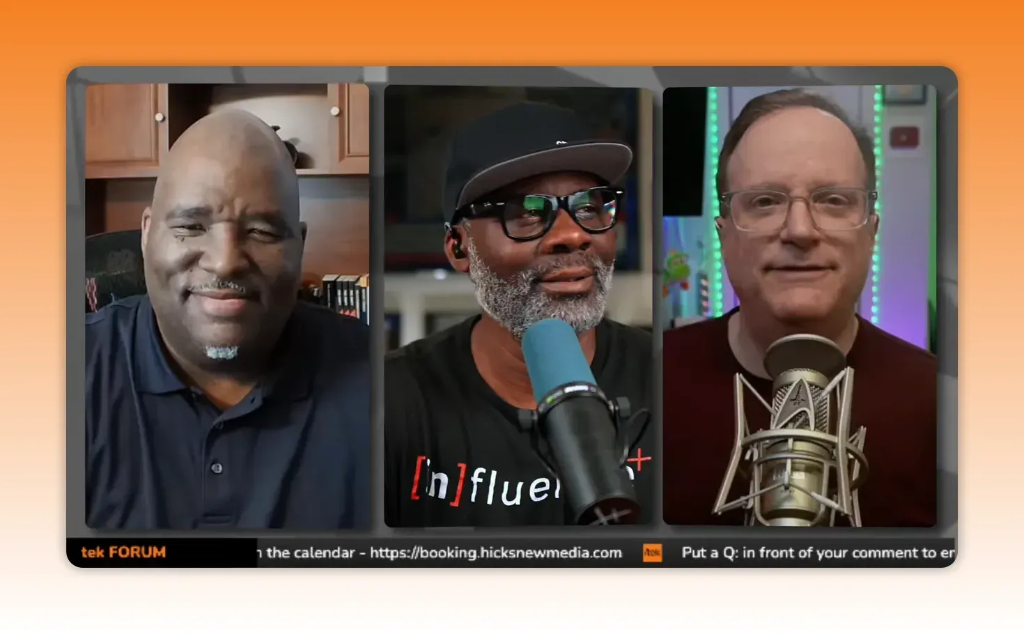 Three clear, well-lit hosts in a podcast-style panel discussing workflows