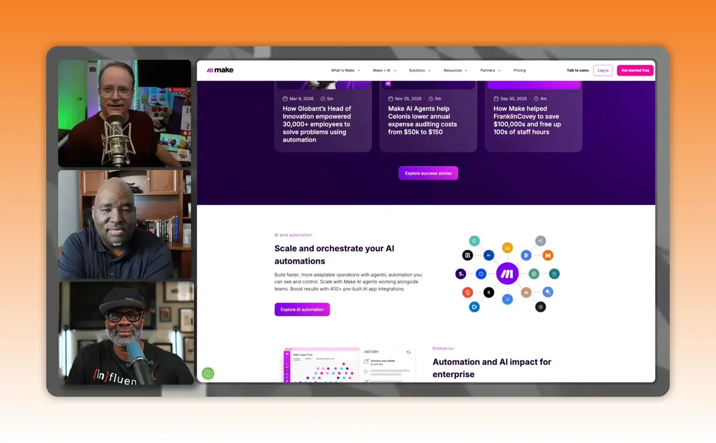 Clear screenshot of Make.com landing page showing 'Scale and orchestrate your AI automations' with three presenters visible in the left side panel.