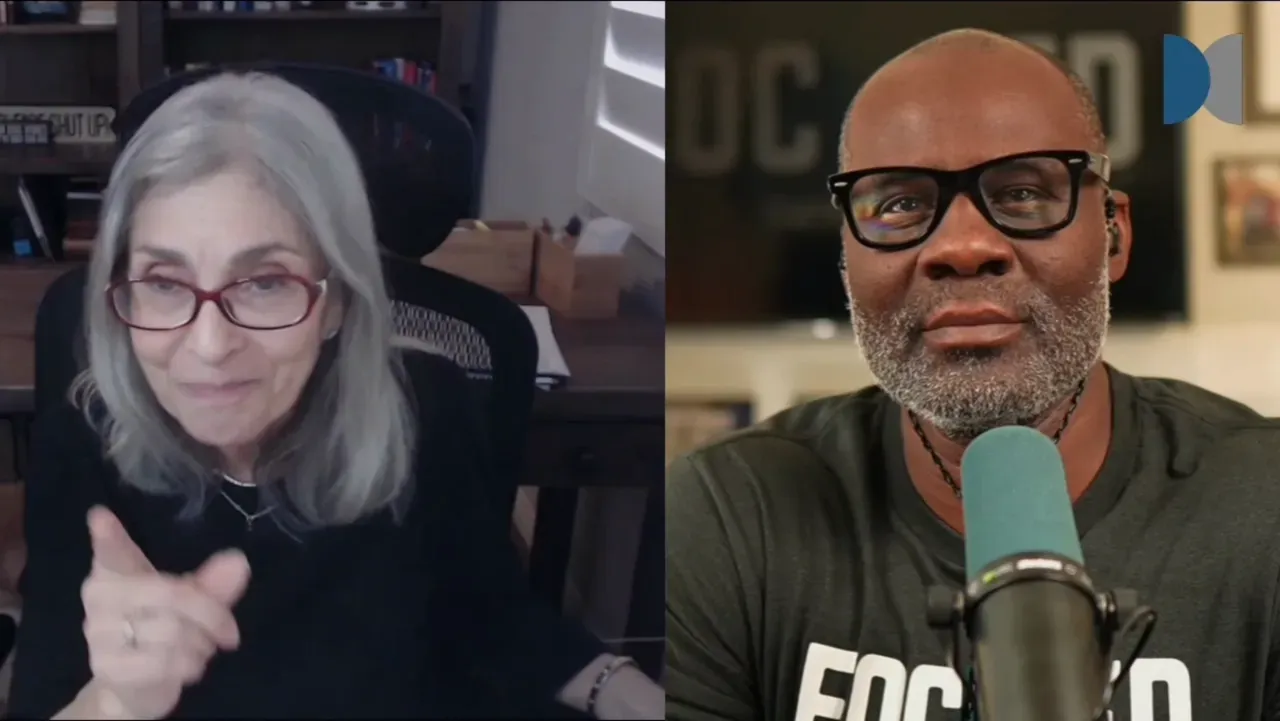 Clear split-screen video call showing two hosts; left host gesturing and smiling slightly, right host attentively facing the camera near a microphone.