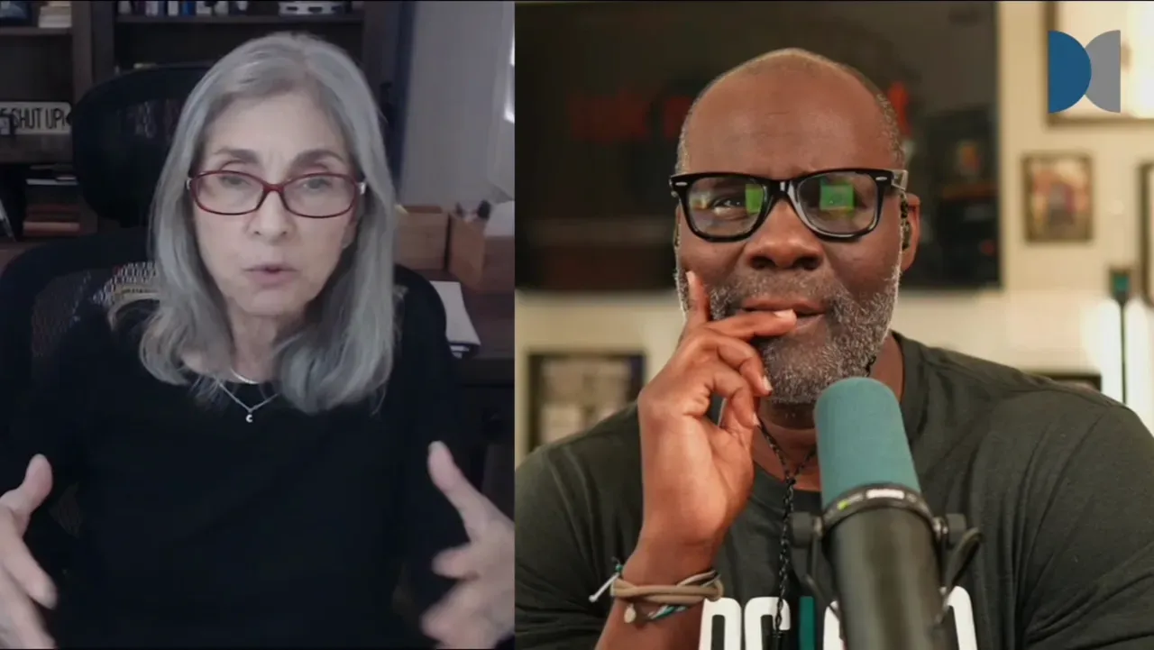 Clear split-screen of two hosts in discussion; left host explaining with hand gestures, right host listening thoughtfully into a microphone.