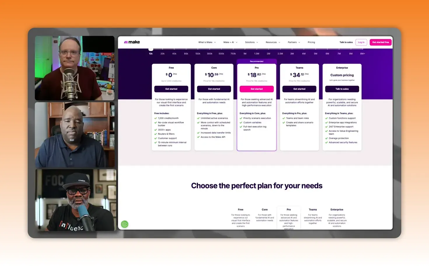 Clear screenshot of Make.com pricing page showing Free, Core, Pro, Teams and Enterprise plan cards with video call thumbnails on the left.