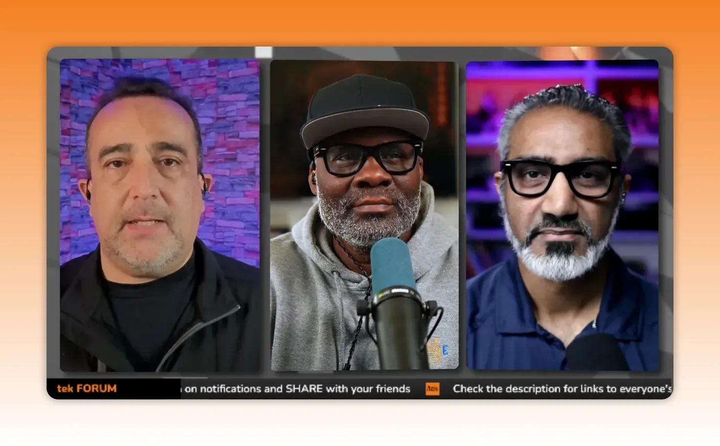 Three creators on a split-screen livestream with balanced lighting and sharp focus, central microphone visible.