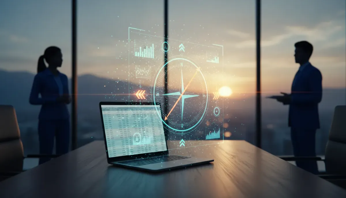 Futuristic illustration of ROI as a strategic signal: a holographic compass made of charts rising from a dissolving spreadsheet, beams pointing toward a sunrise horizon