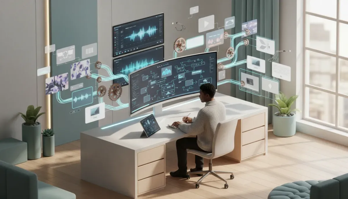 Content creator at a modern desk surrounded by floating videos, blog cards and audio waves linked by glowing automated pipelines and small gears, representing AI workflows and automation for