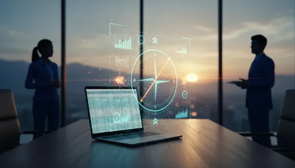 Futuristic illustration of ROI as a strategic signal: a holographic compass made of charts rising from a dissolving spreadsheet, beams pointing toward a sunrise horizon